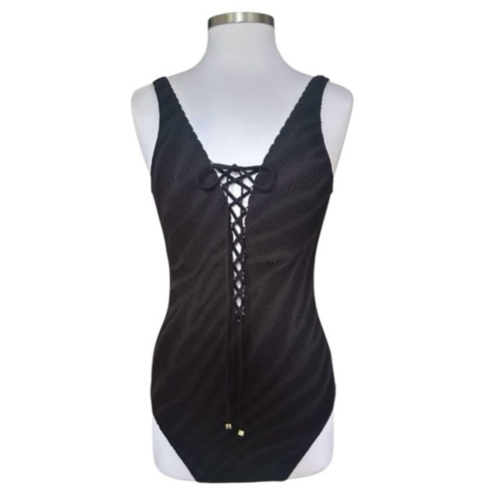La Blanca by Rod Beattie Black Plunge Lace-Up One Piece Swimsuit Size 8
